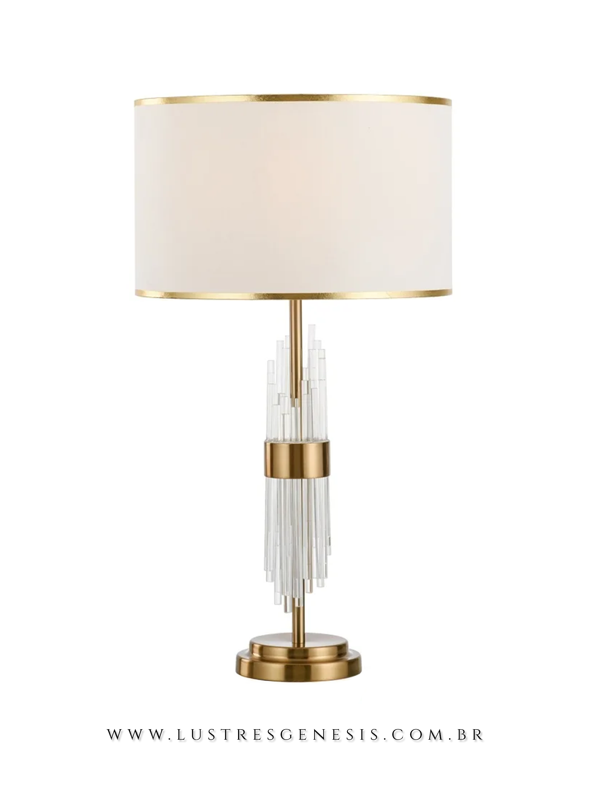 Abajur Ares com cúpula branca e detalhes dourados, base de metal dourado e hastes em vidro, ideal para quartos ou escritórios sofisticados.